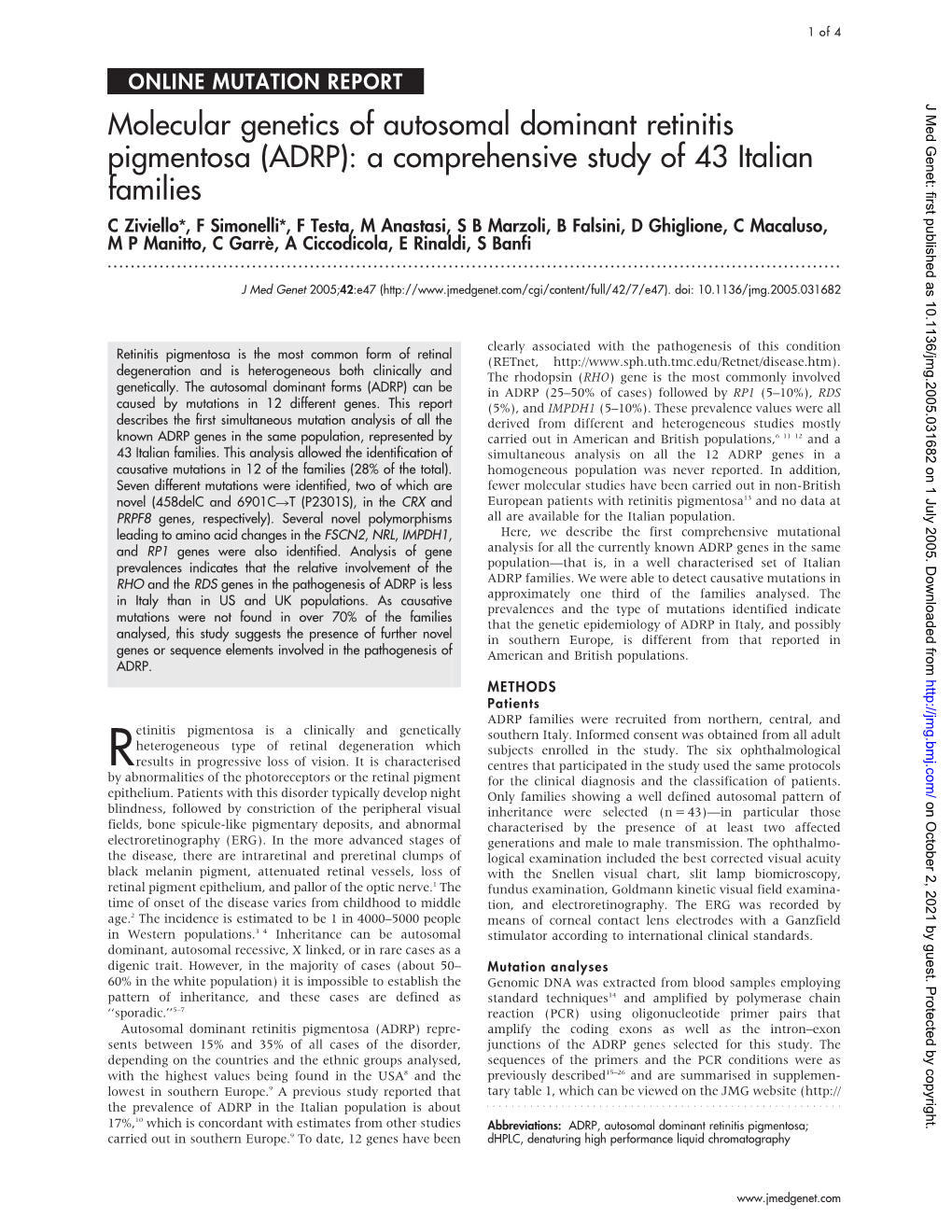 Molecular Genetics of Autosomal Dominant Retinitis Pigmentosa (ADRP): a Comprehensive Study of 43 Italian Families
