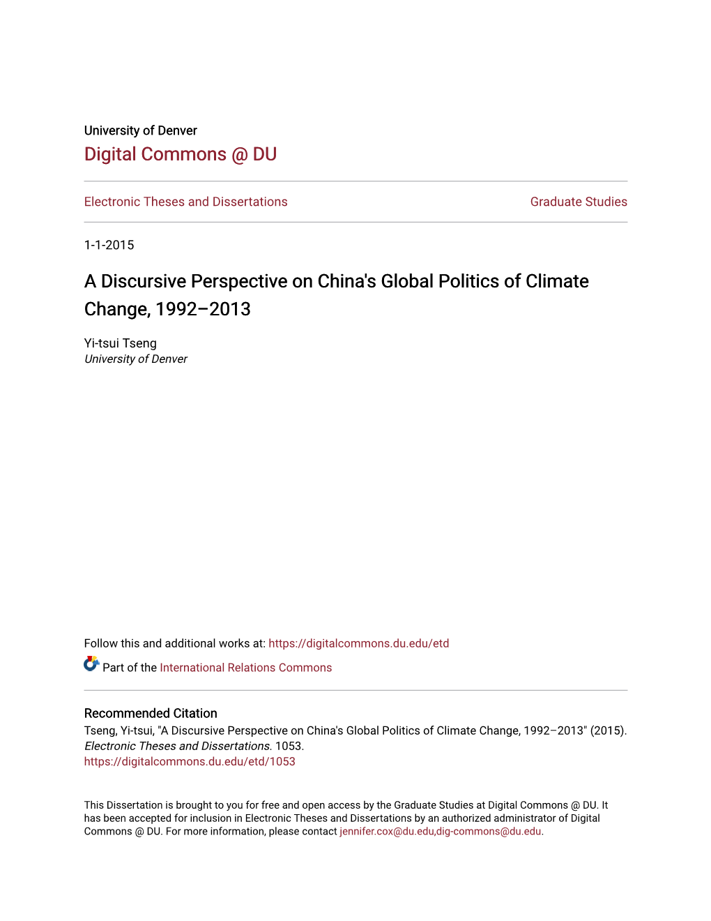 A Discursive Perspective on China's Global Politics of Climate Change, 1992–2013