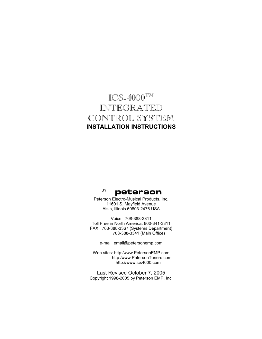 Ics-4000Tm Integrated Control System Installation Instructions