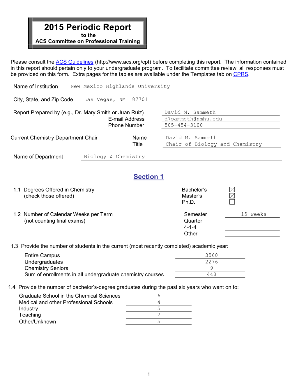 2015 Periodic Report to the ACS Committee on Professional Training