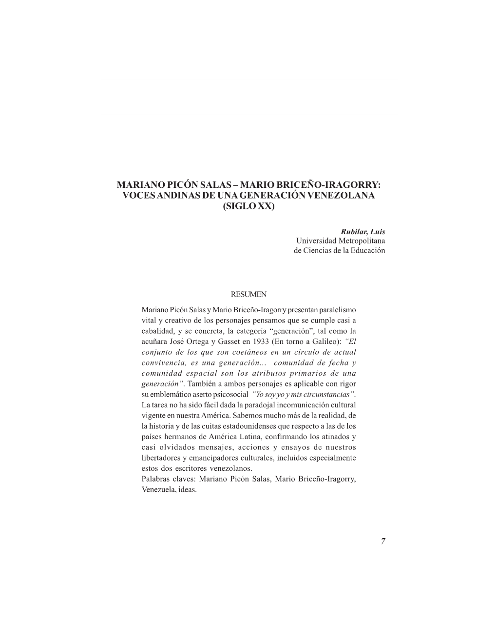 Mariano Picón Salas – Mario Briceño-Iragorry: Voces Andinas De Una Generación Venezolana (Siglo Xx)