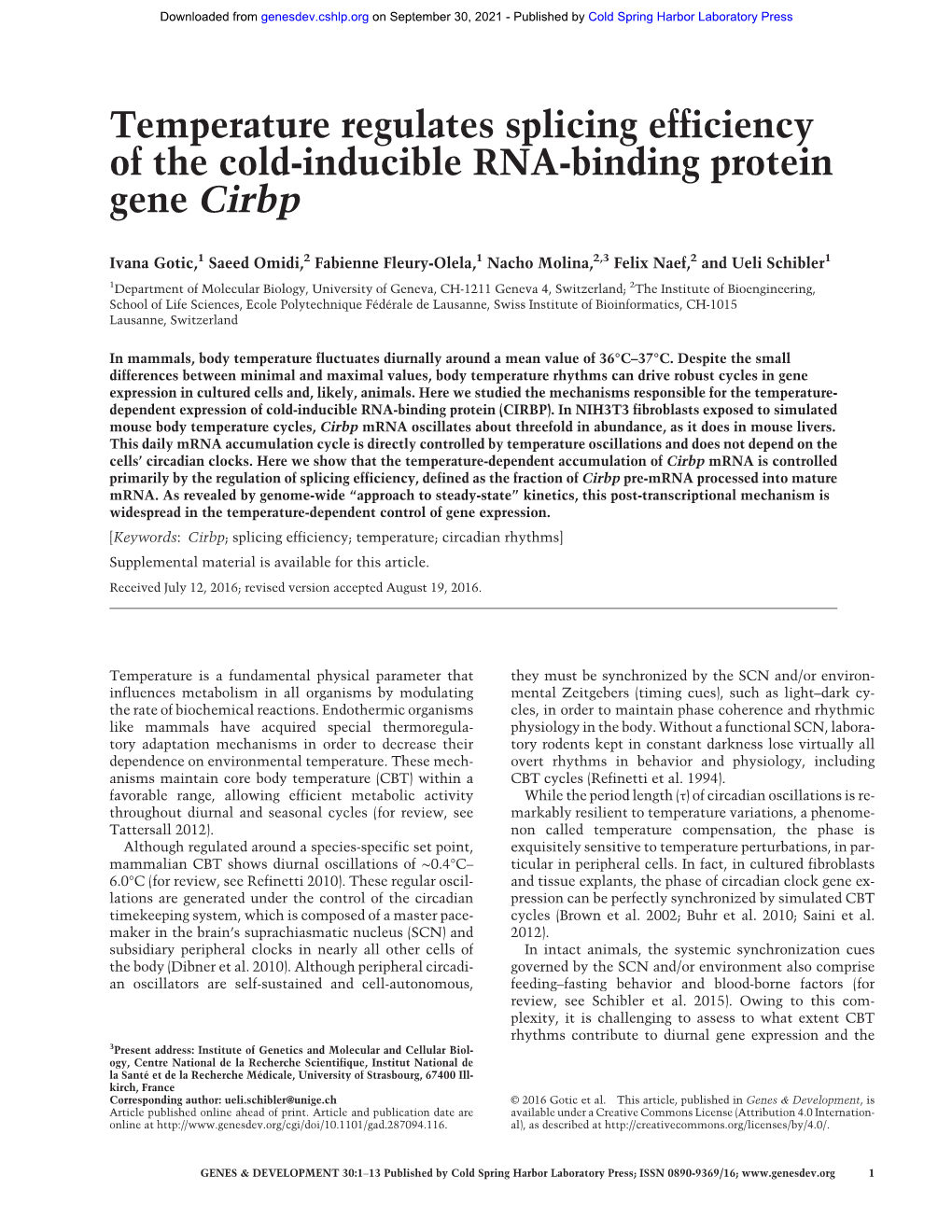 Temperature Regulates Splicing Efficiency of the Cold-Inducible RNA-Binding Protein Gene Cirbp