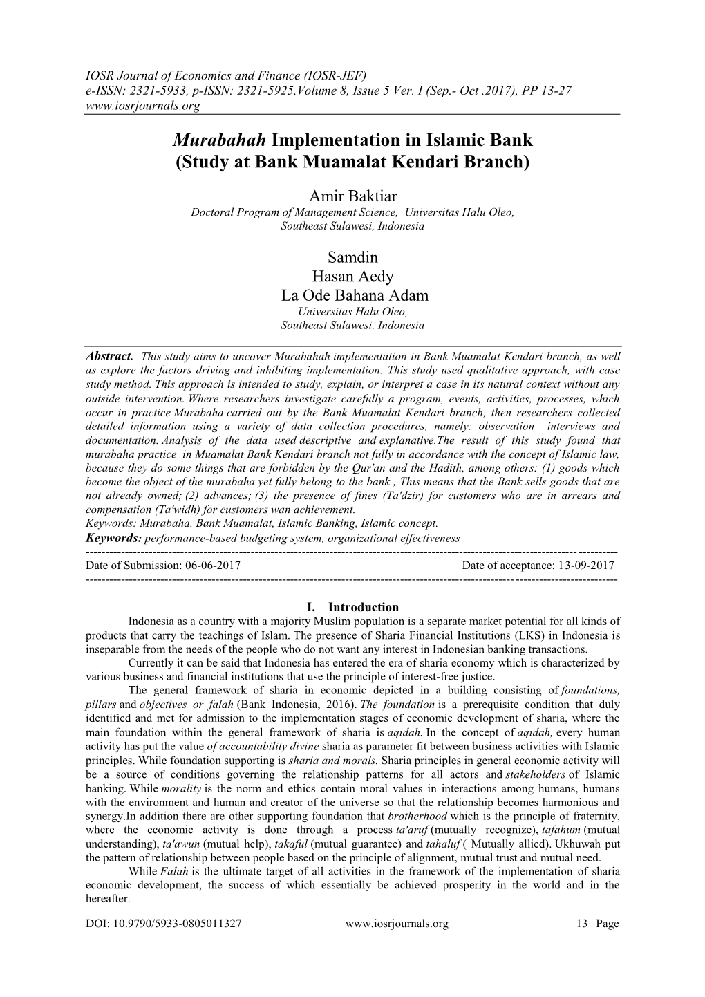 Murabahah Implementation in Islamic Bank (Study at Bank Muamalat Kendari Branch)
