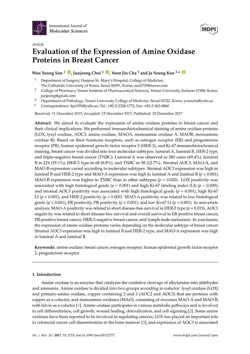 Evaluation of the Expression of Amine Oxidase Proteins in Breast Cancer