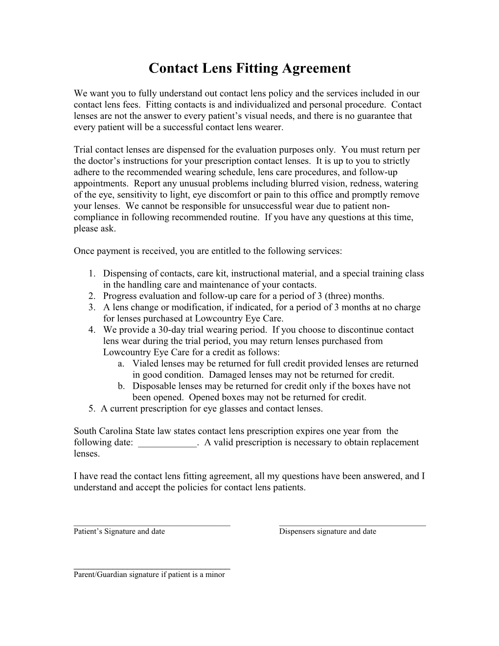 Contact Lens Fitting Agreement