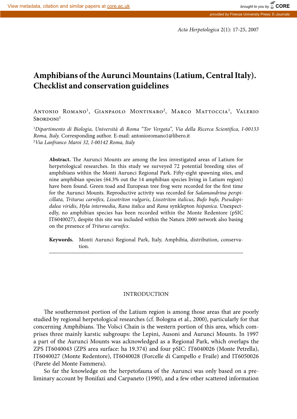 Amphibians of the Aurunci Mountains (Latium, Central Italy)