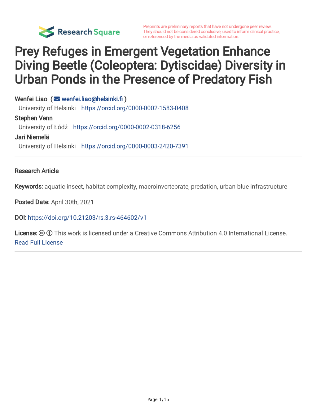 Prey Refuges in Emergent Vegetation Enhance Diving Beetle (Coleoptera: Dytiscidae) Diversity in Urban Ponds in the Presence of Predatory Fish