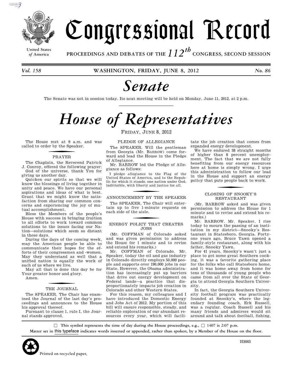 Congressional Record United States Th of America PROCEEDINGS and DEBATES of the 112 CONGRESS, SECOND SESSION