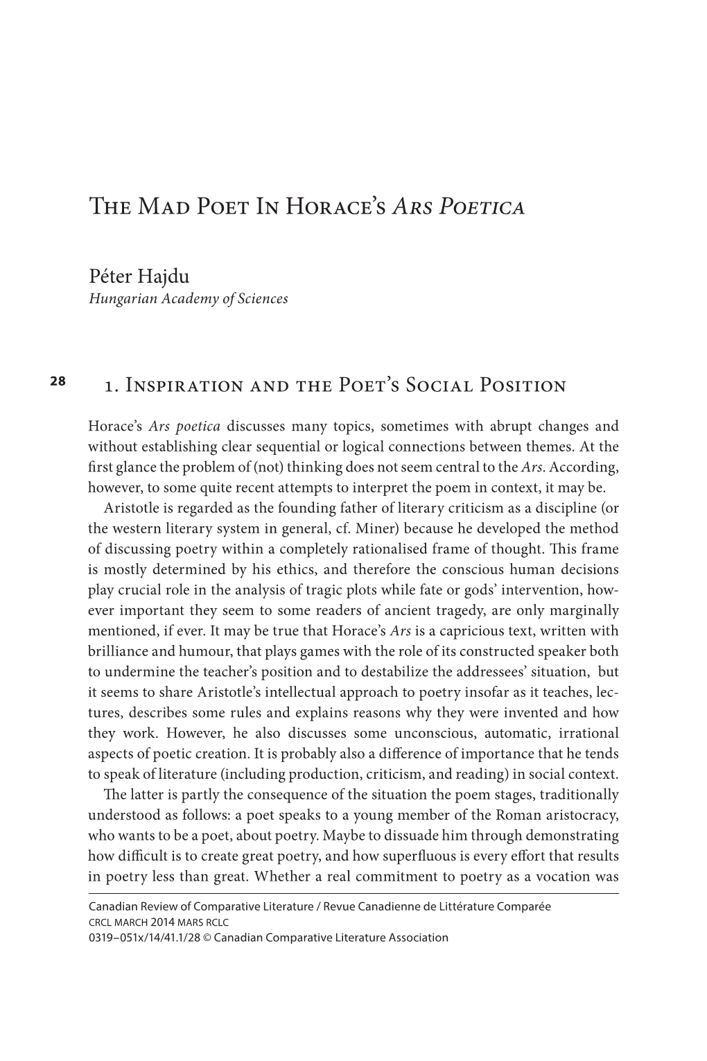 The Mad Poet in Horace's Ars Poetica