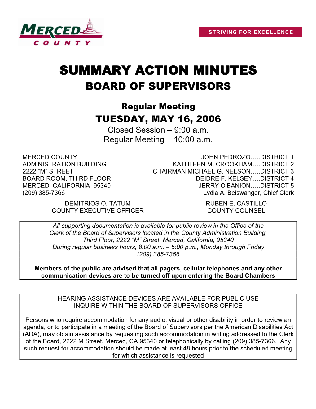 Summary Action Minutes Board of Supervisors