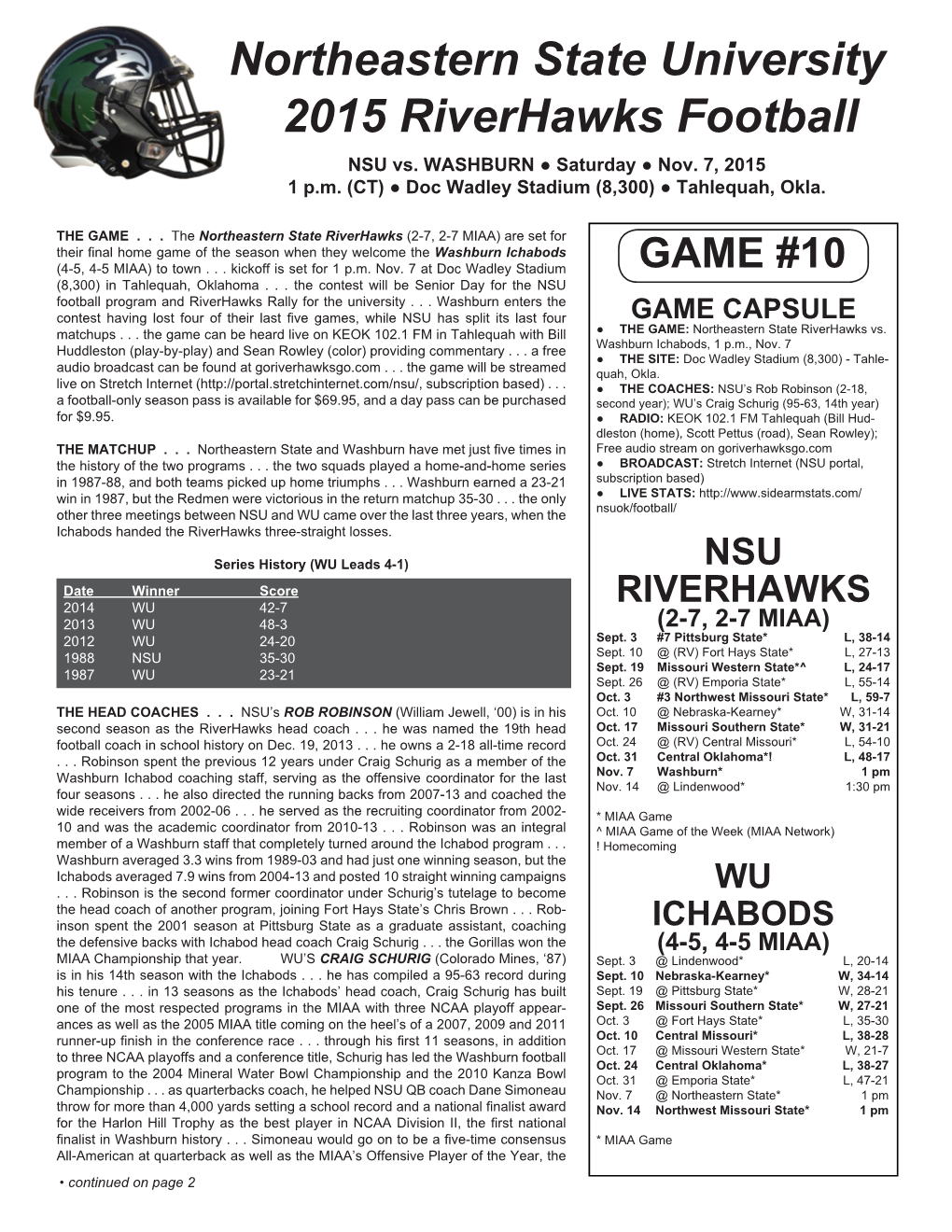 Northeastern State University 2015 Riverhawks Football NSU Vs