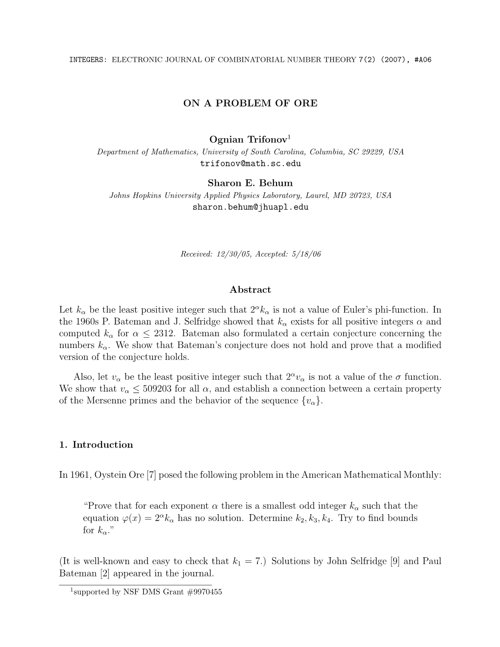 ON a PROBLEM of ORE Ognian Trifonov1 Trifonov@Math.Sc.Edu