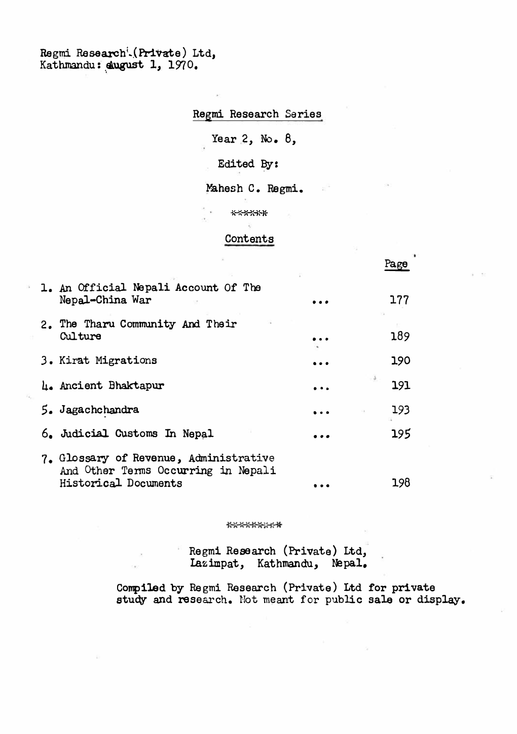 Regmi Research Series, Year 2, No. 8, Aug. 1, 1970