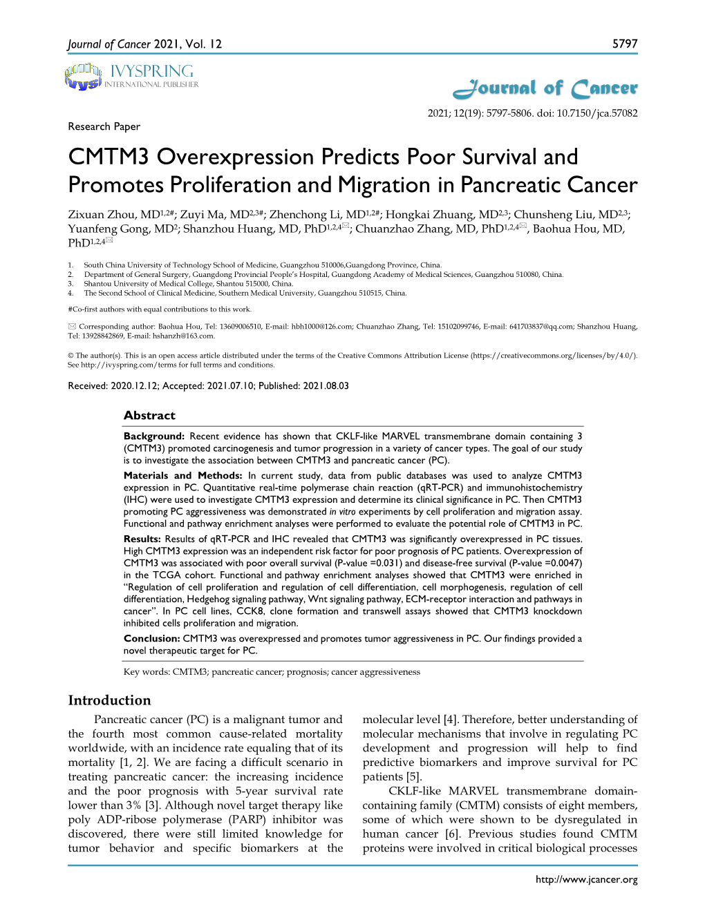 CMTM3 Overexpression Predicts Poor Survival and Promotes