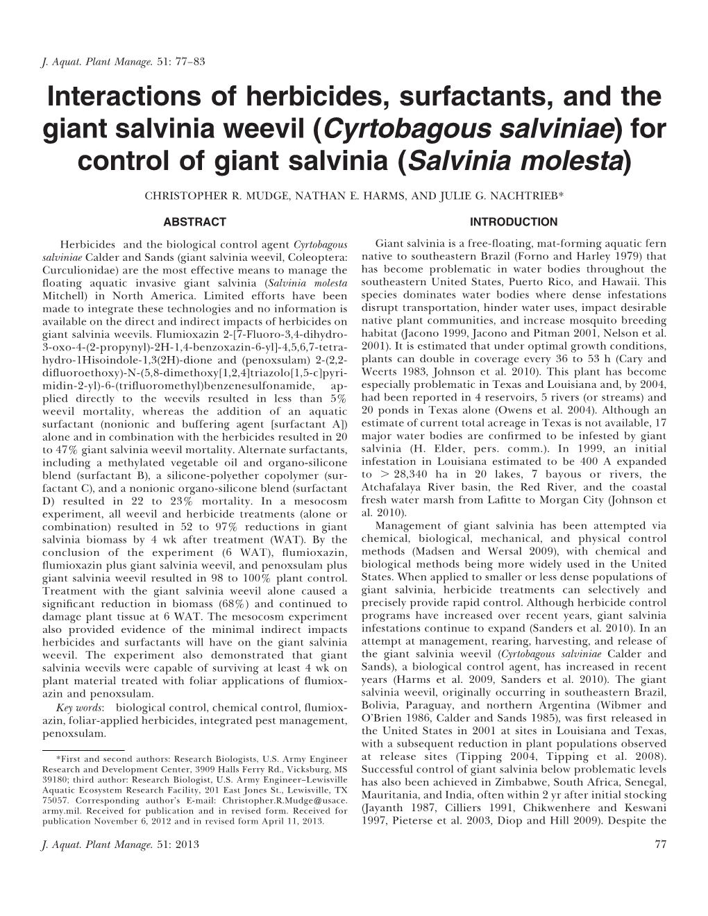 Cyrtobagous Salviniae) for Control of Giant Salvinia (Salvinia Molesta)