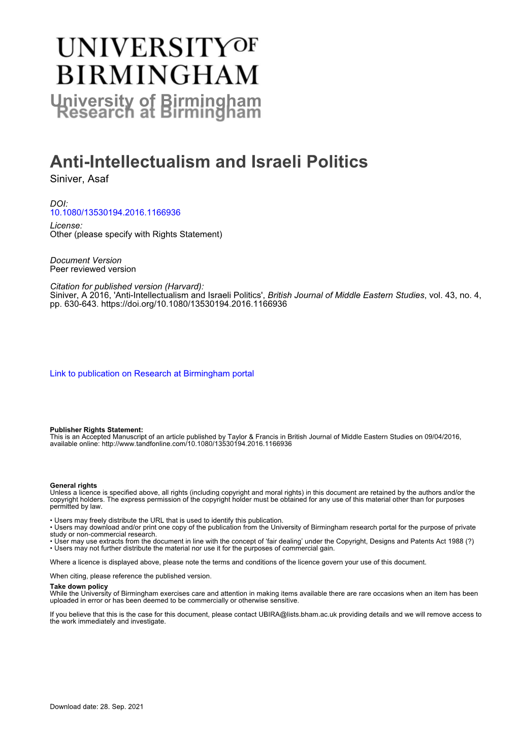 University of Birmingham Anti-Intellectualism And