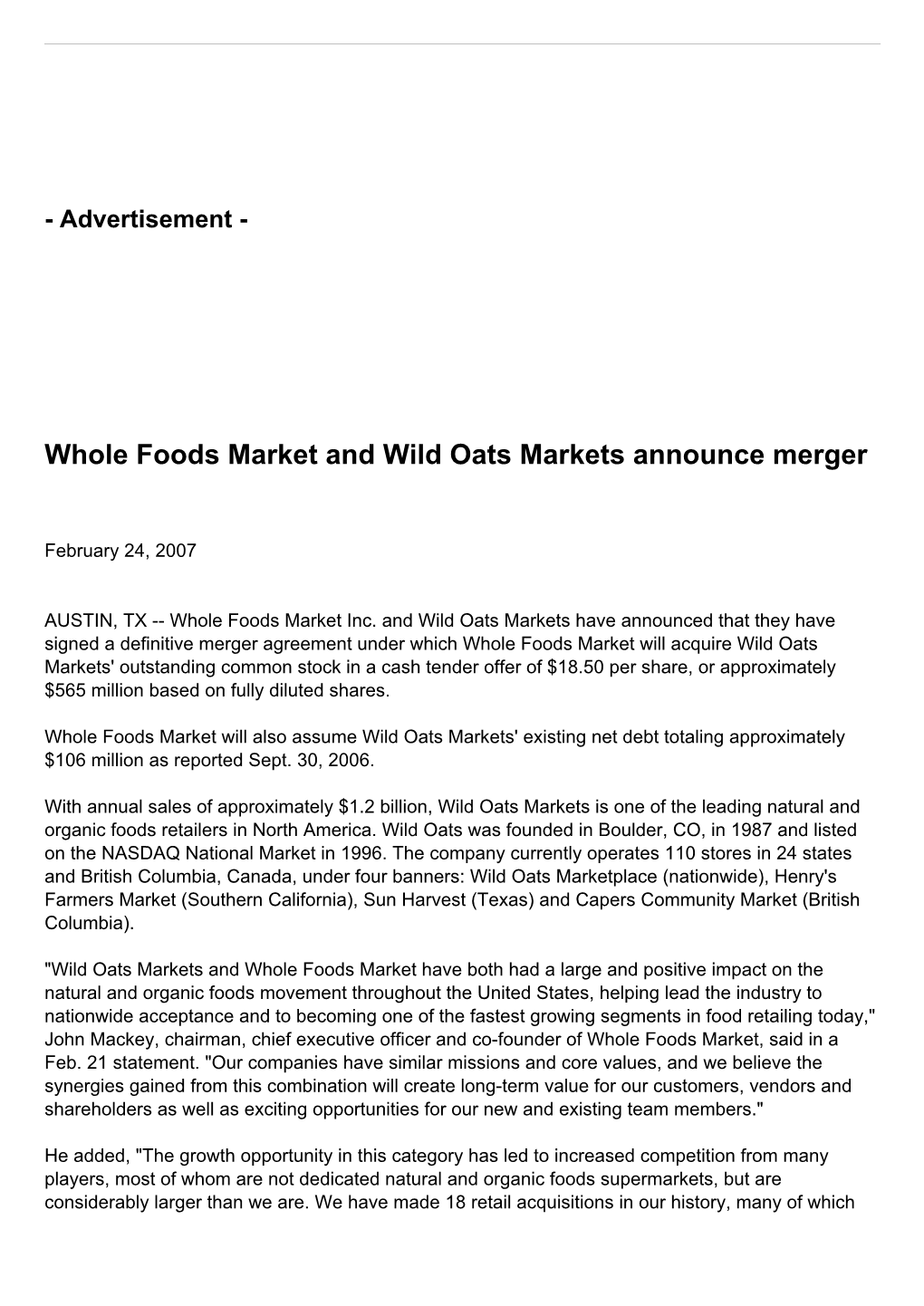 Whole Foods Market and Wild Oats Markets Announce Merger
