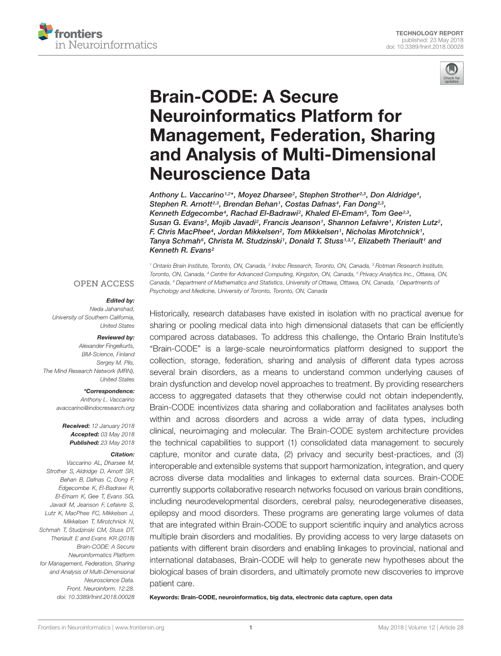 Brain-CODE: a Secure Neuroinformatics Platform for Management, Federation, Sharing and Analysis of Multi-Dimensional Neuroscience Data