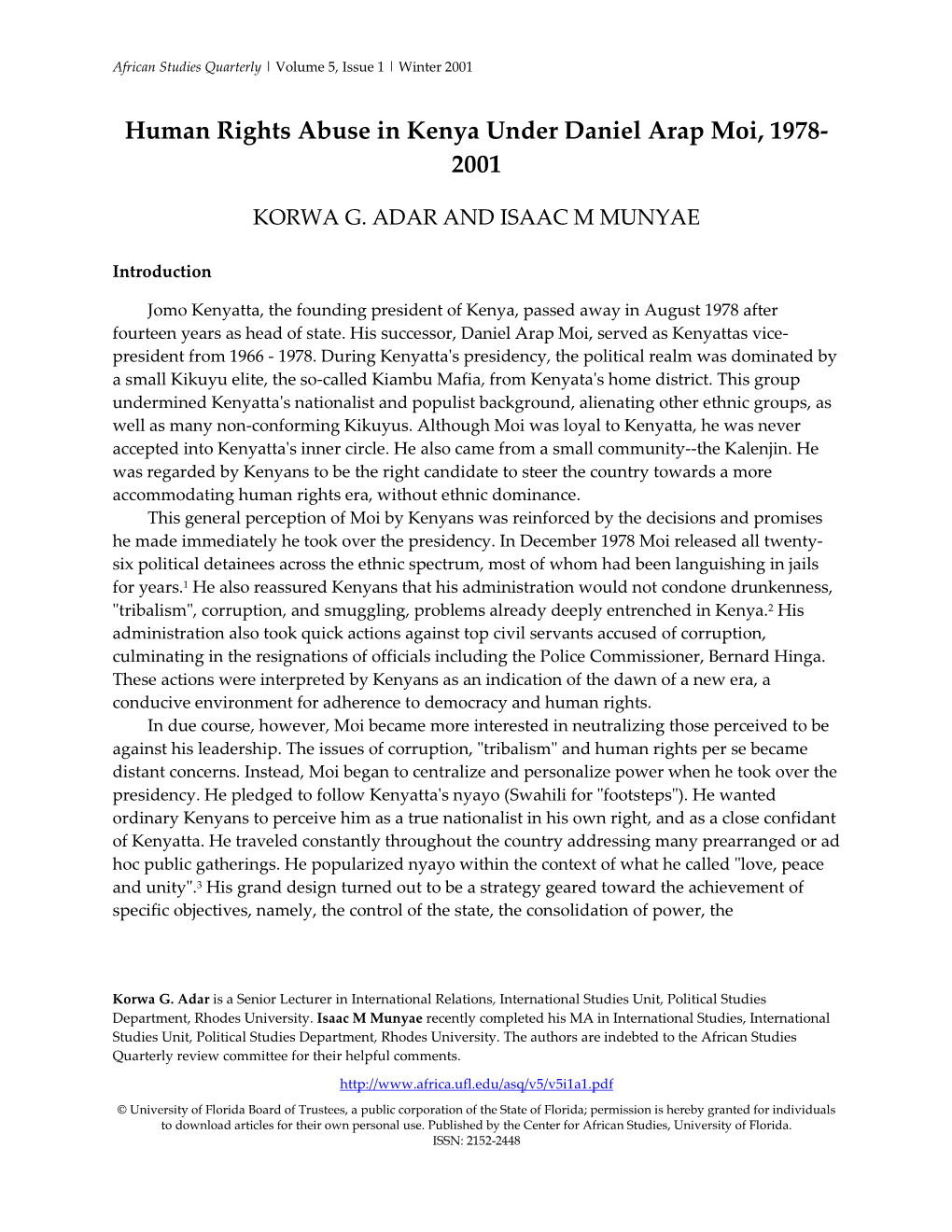 Human Rights Abuse in Kenya Under Daniel Arap Moi, 1978- 2001