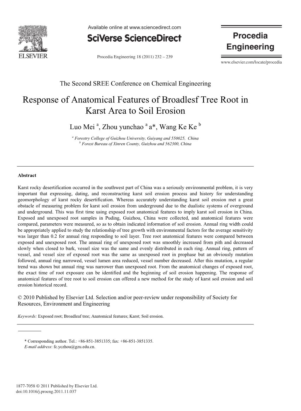 Response of Anatomical Features of Broadlesf Tree Root in Karst Area to Soil Erosion