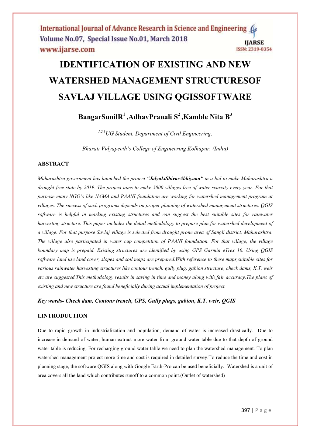 Identification of Existing and New Watershed Management Structuresof Savlaj Village Using Qgissoftware