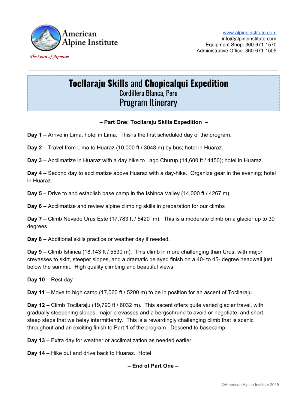 Tocllaraju Skills ​And​ Chopicalqui Expedition Program Itinerary