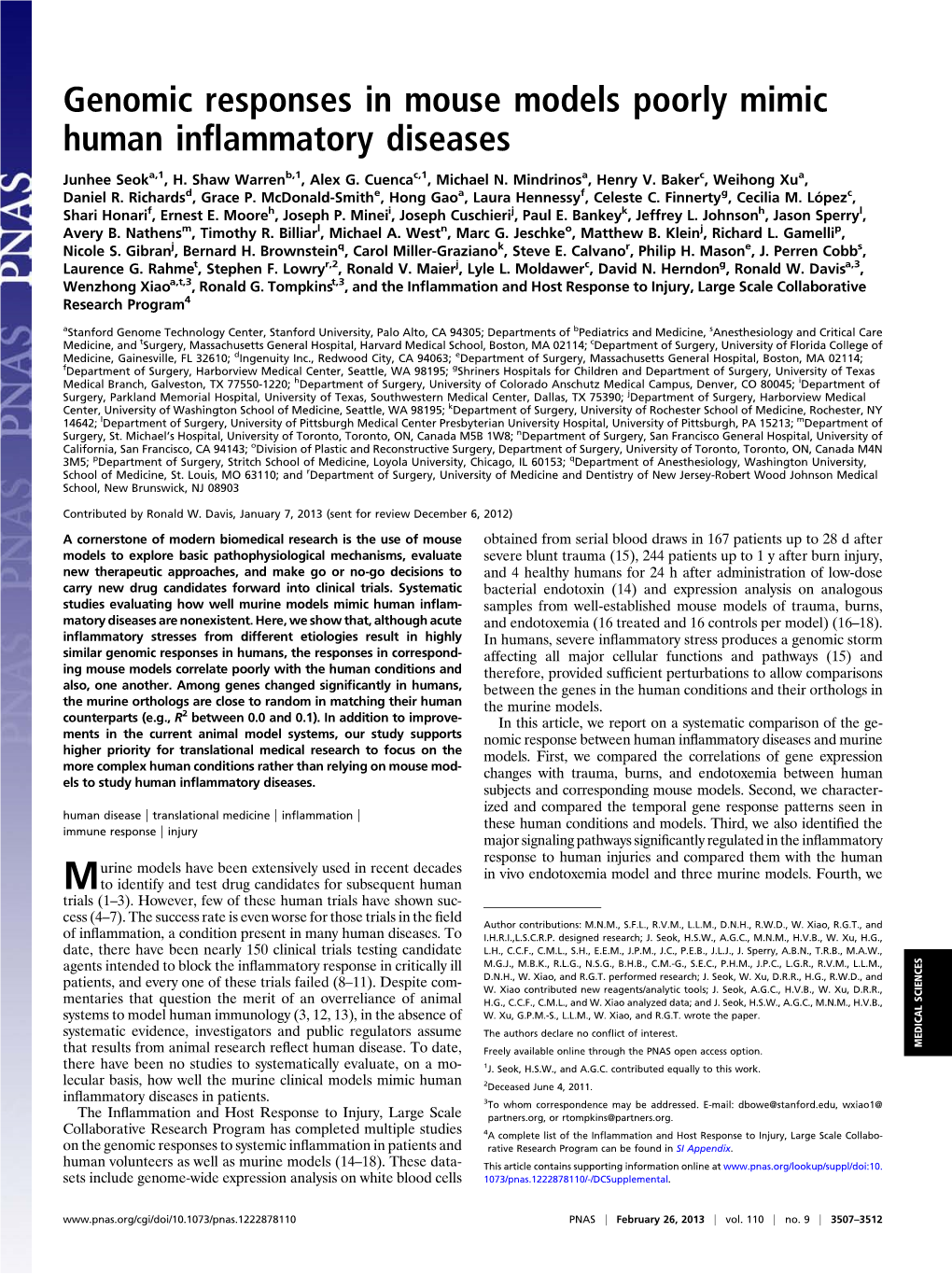 Genomic Responses in Mouse Models Poorly Mimic Human Inflammatory Diseases