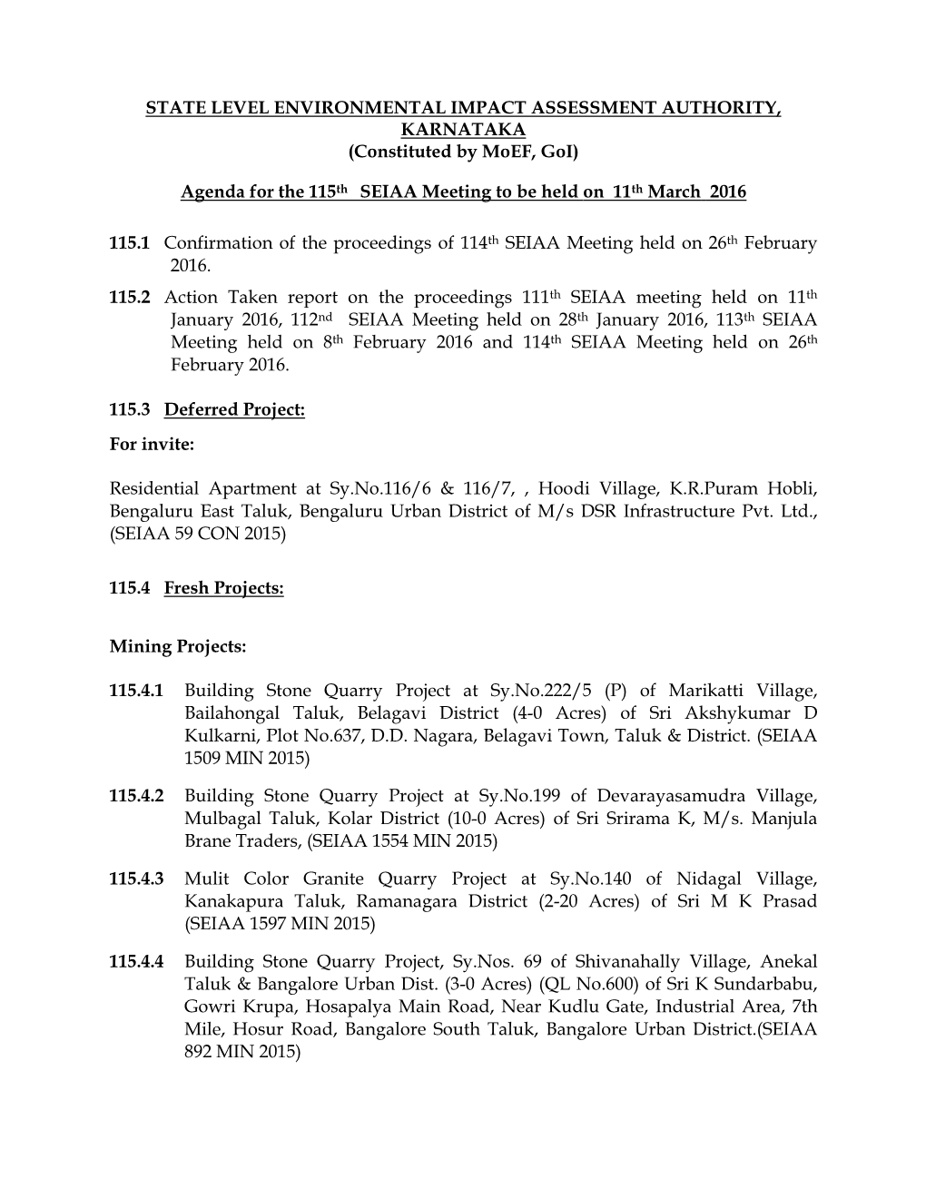Agenda for the 115Th SEIAA Meeting to Be Held on 11 Th March 2016