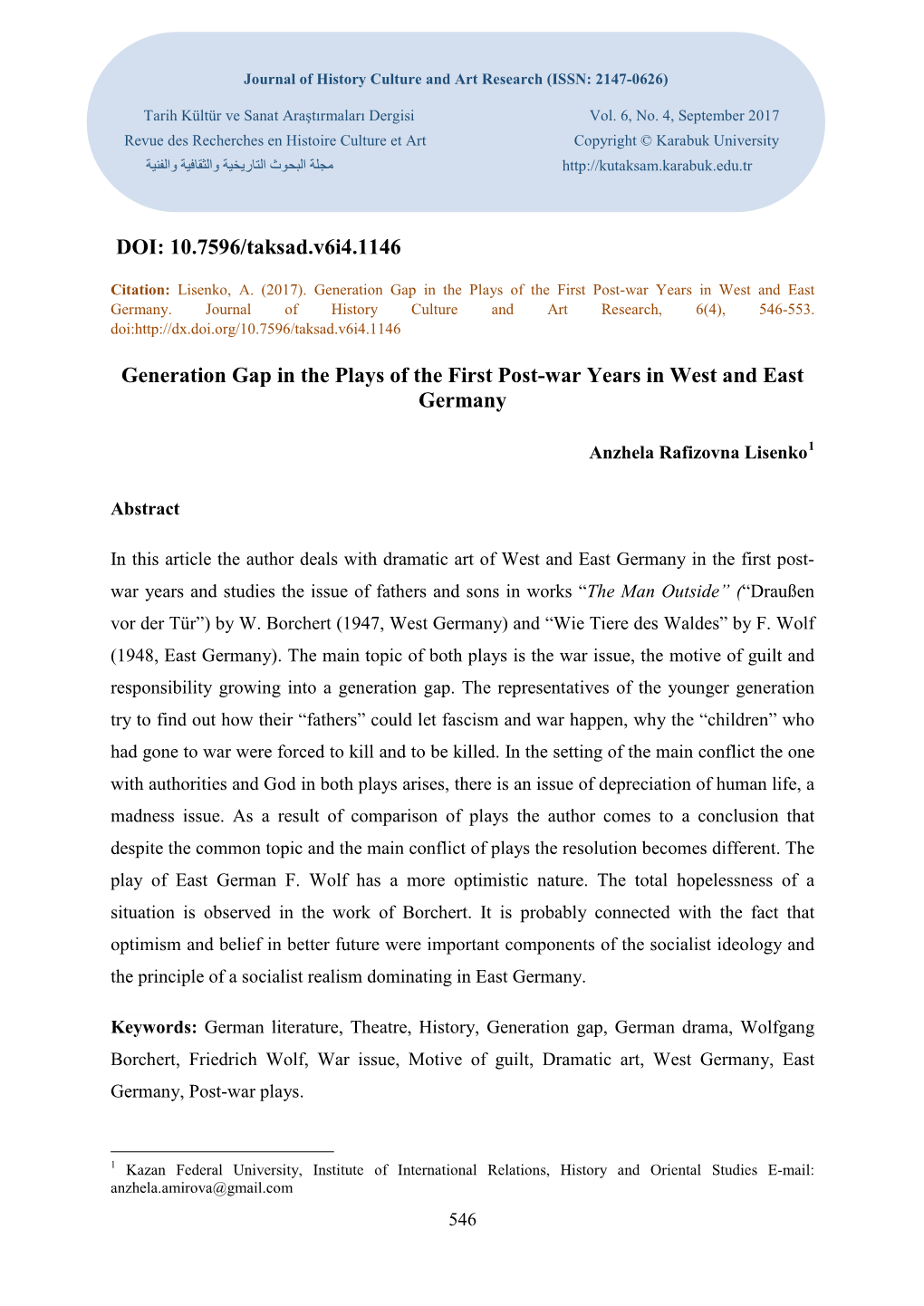 Generation Gap in the Plays of the First Post-War Years in West and East Germany