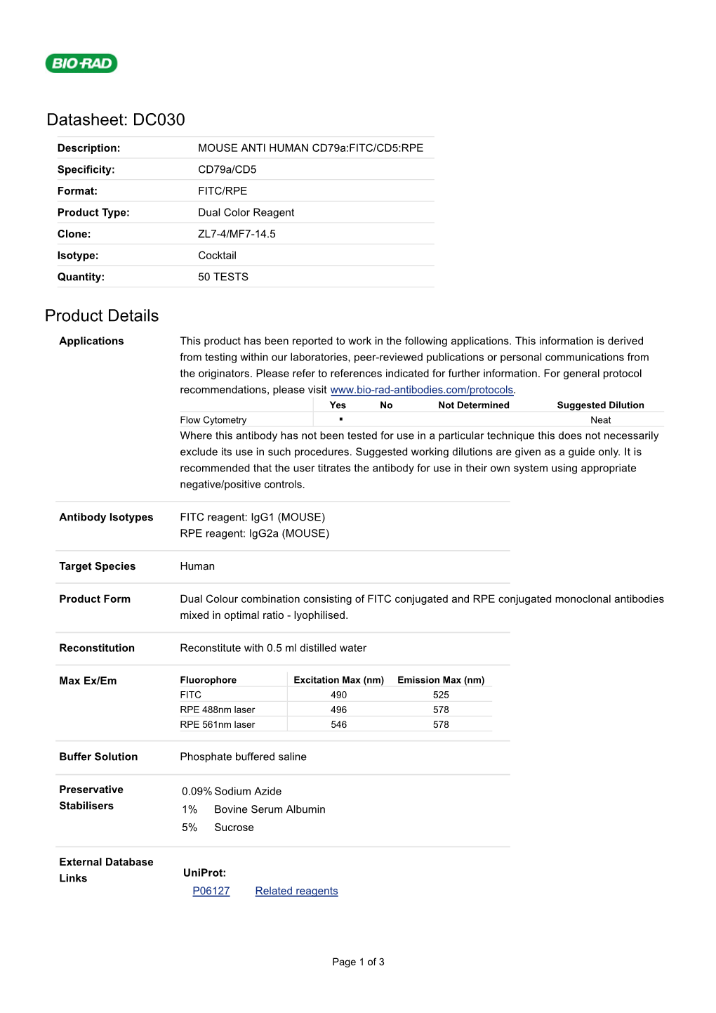 Datasheet: DC030 Product Details