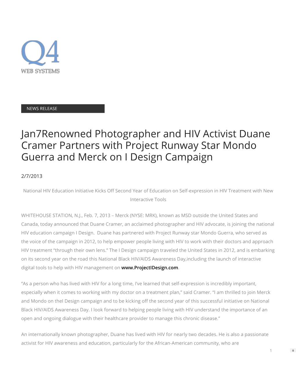 Jan7renowned Photographer and HIV Activist Duane Cramer Partners with Project Runway Star Mondo Guerra and Merck on I Design Campaign