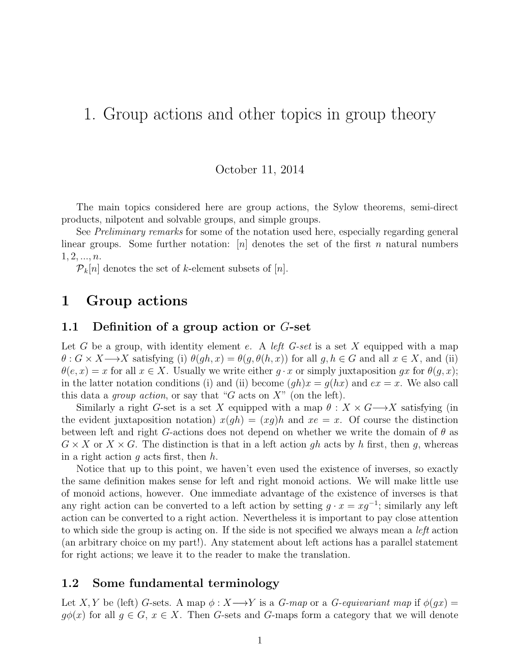 1. Group Actions and Other Topics in Group Theory