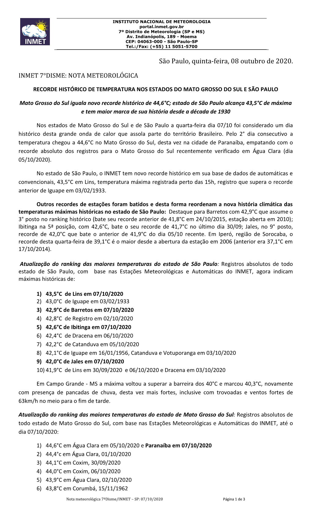 São Paulo, Quinta-Feira, 08 Outubro De 2020