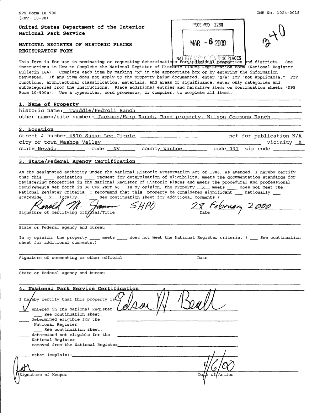 MAR -6 3D REGISTRATION FORM Ioric PLACES This Form Is for Use in Nominating Or Requesting Determinations Fo: Ind Districts