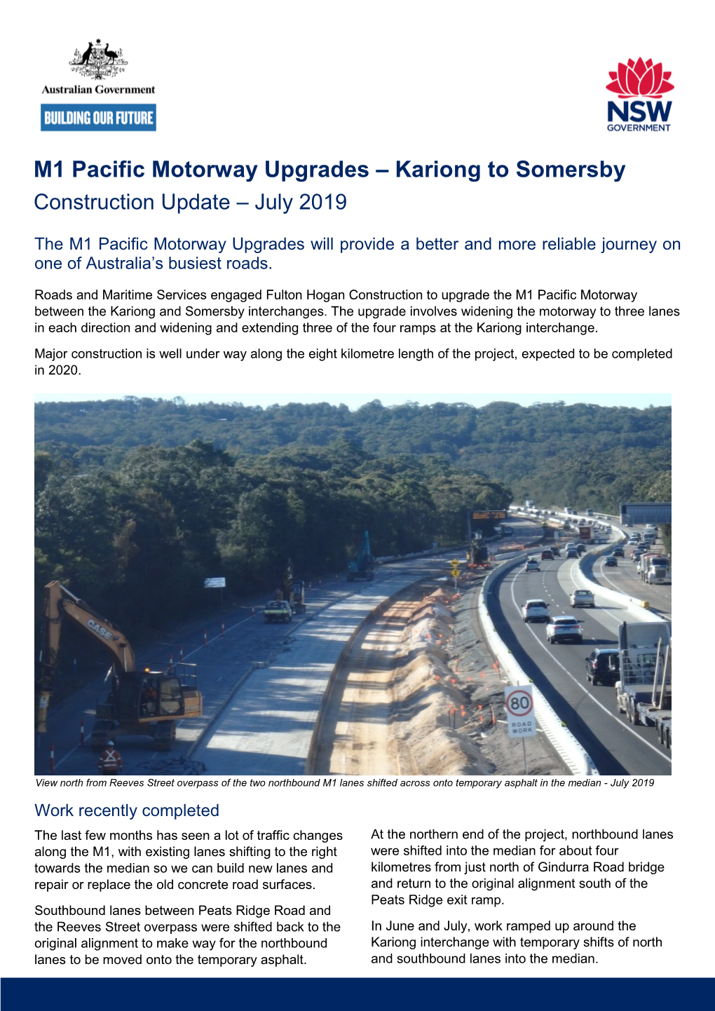 M1 Pacific Motorway Upgrades – Kariong to Somersby Construction Update – July 2019