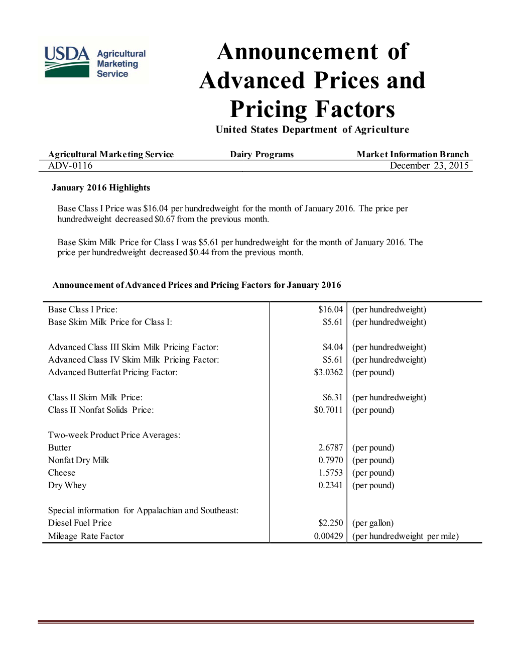 Announcement of Advanced Prices and Pricing Factors United States Department of Agriculture