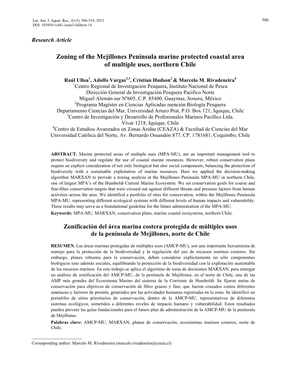 Zoning of the Mejillones Peninsula Marine Protected Coastal Area of Multiple Uses, Northern Chile