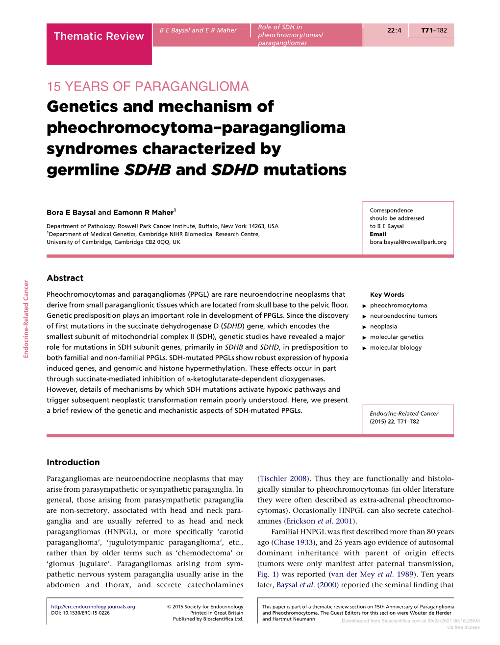 Genetics and Mechanism of Pheochromocytoma–Paraganglioma Syndromes Characterized by Germline SDHB and SDHD Mutations