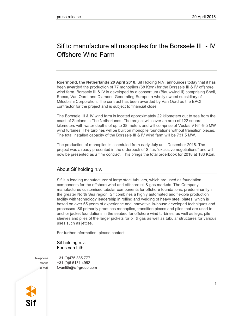Sif to Manufacture All Monopiles for the Borssele III - IV Offshore Wind Farm