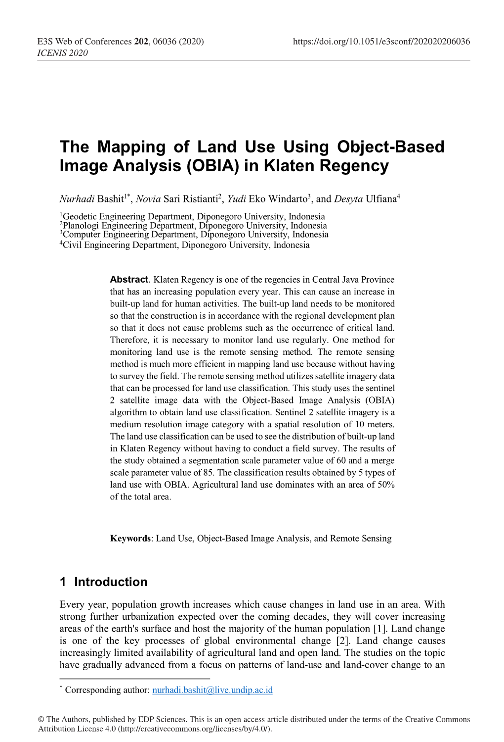 The Mapping of Land Use Using Object-Based Image Analysis (OBIA) in Klaten Regency