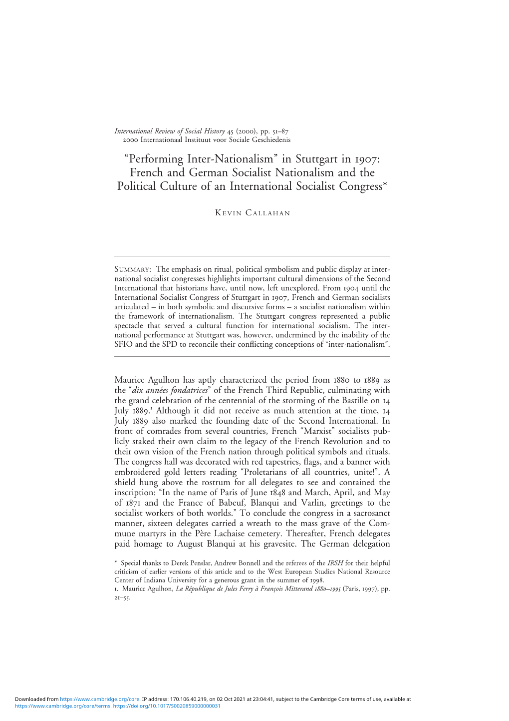 In Stuttgart in 1907: French and German Socialist Nationalism and the Political Culture of an International Socialist Congress*