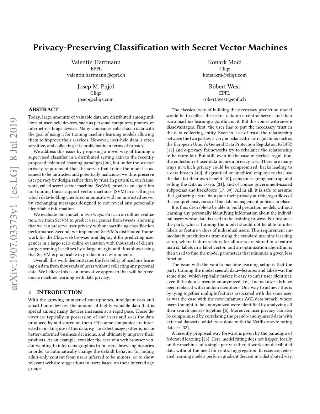 Privacy-Preserving Classification with Secret Vector Machines