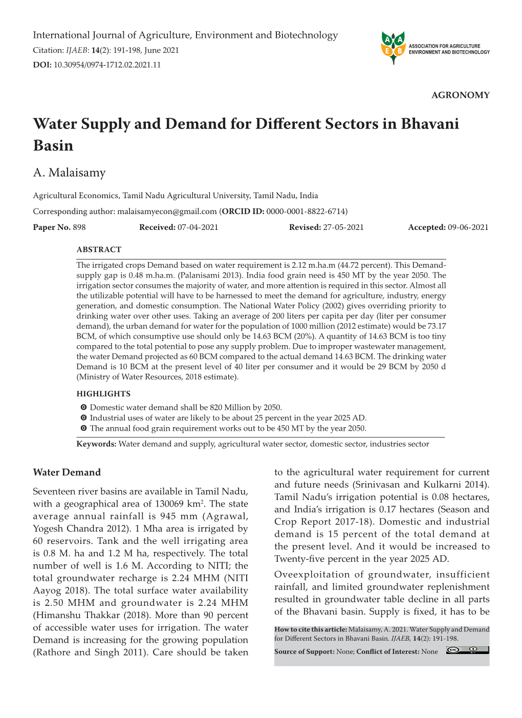 Water Supply and Demand for Different Sectors in Bhavani Basin A