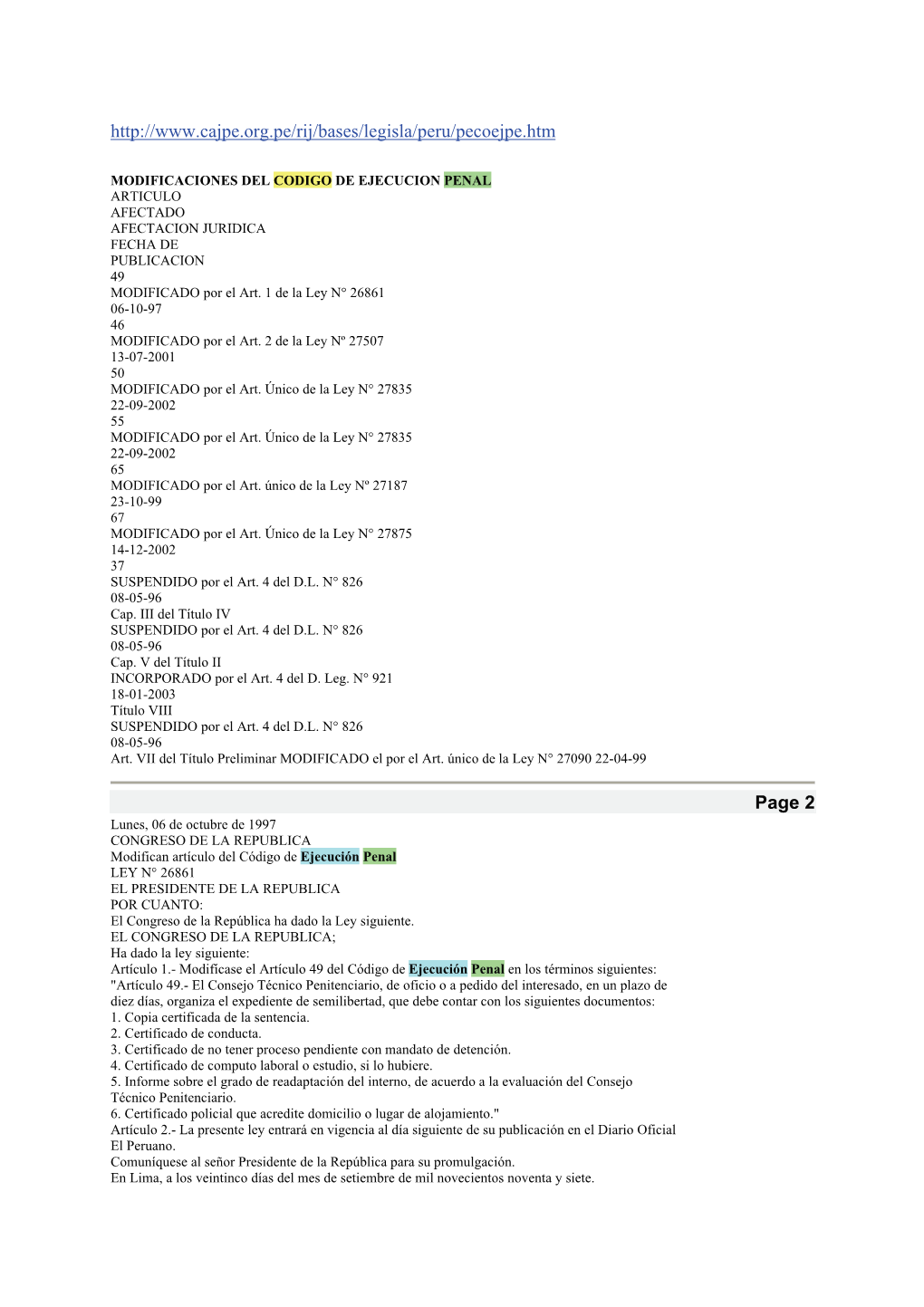 Ley De Mayo 2011 Modificaciones Del Código De Ejecución Penal