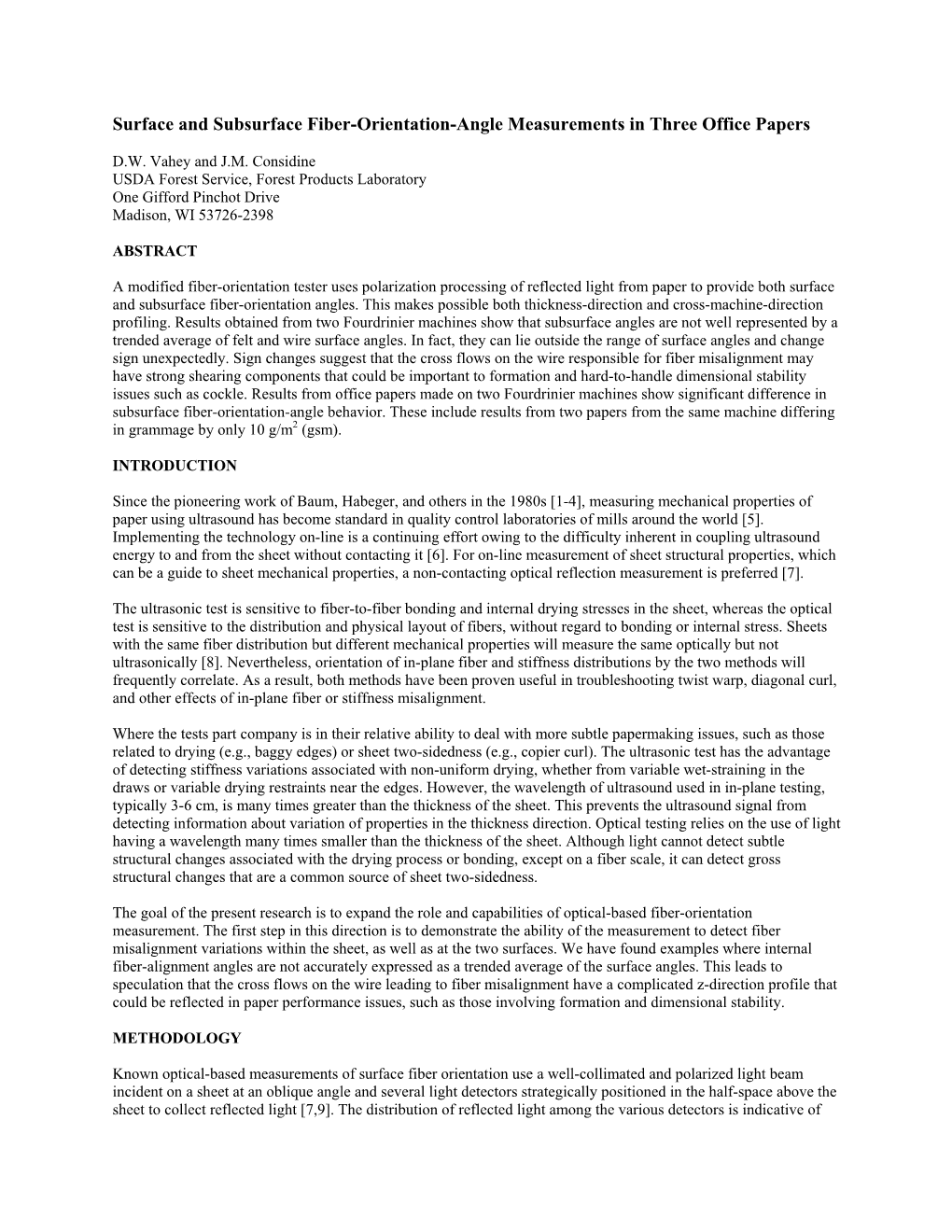 Surface and Subsurface Fiber-Orientation-Angle Measurements in Three Office Papers