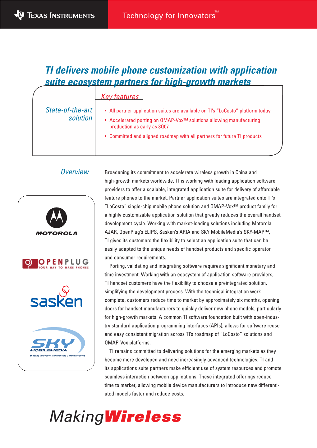 TI Delivers Mobile Phone Customization with Application Suite Ecosystem Partners for High-Growth Markets Key Featuresfacts