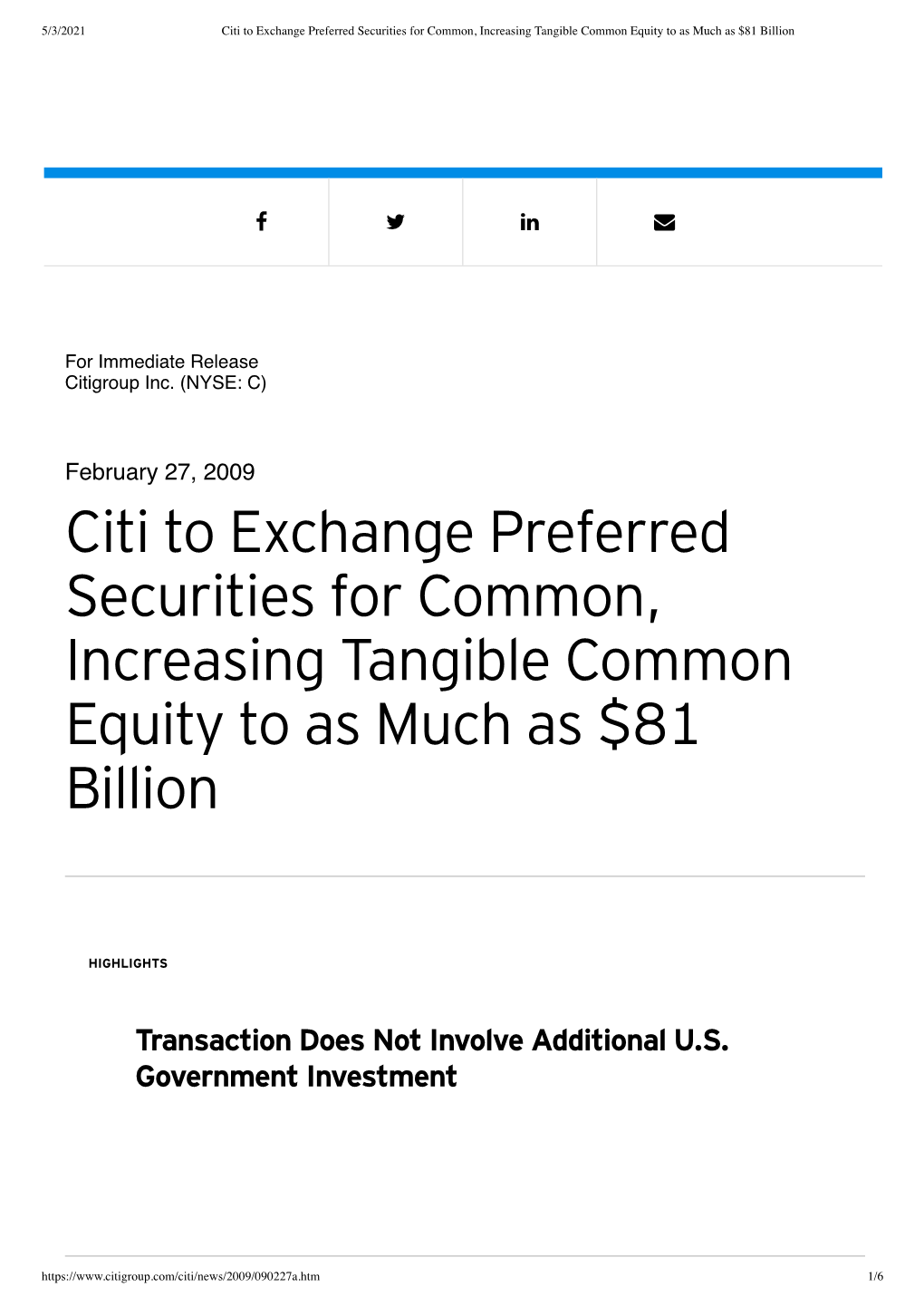 Citi to Exchange Preferred Securities for Common, Increasing Tangible Common Equity to As Much As $81 Billion
