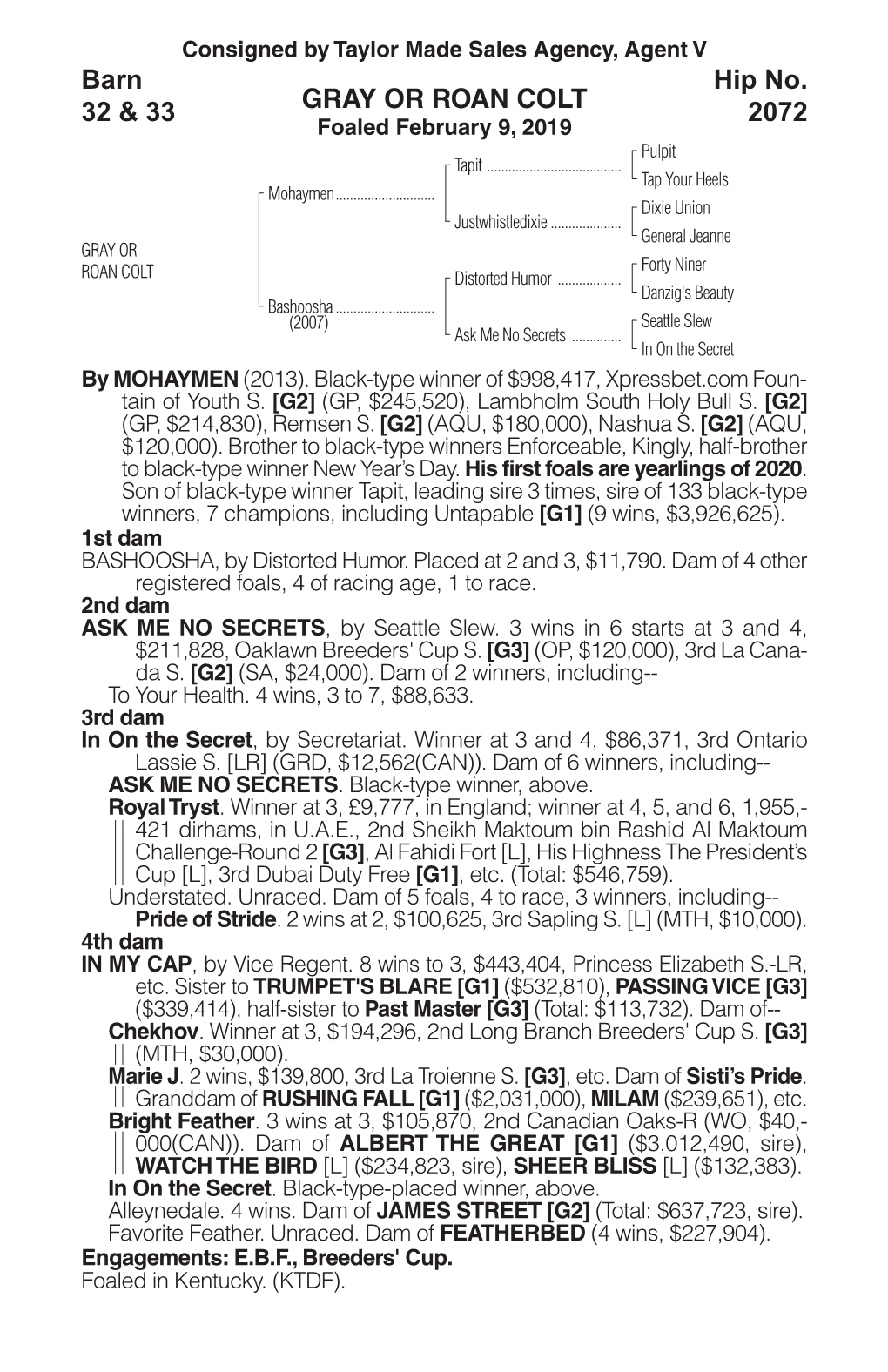 GRAY OR ROAN COLT Barn 32 & 33 Hip No. 2072