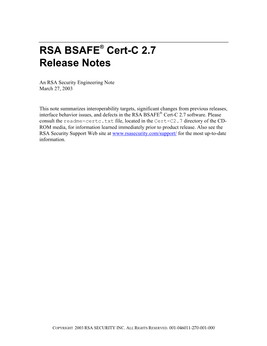 RSA BSAFE® Cert-C 2.7 Release Notes