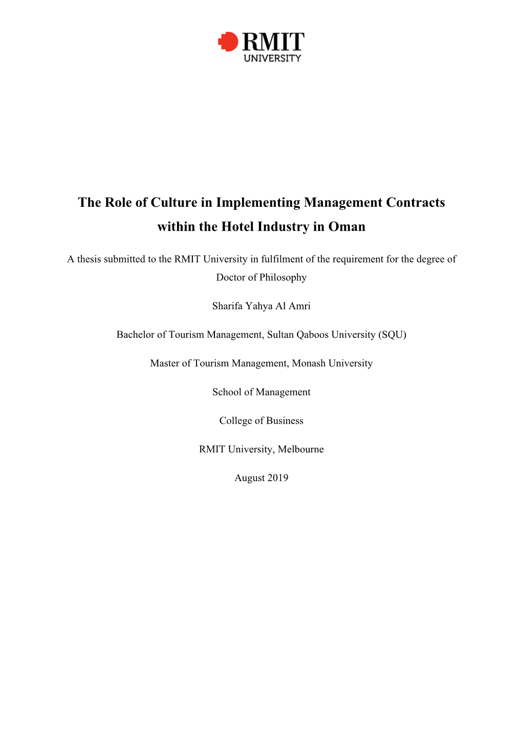 The Role of Culture in Implementing Management Contracts Within the Hotel Industry in Oman